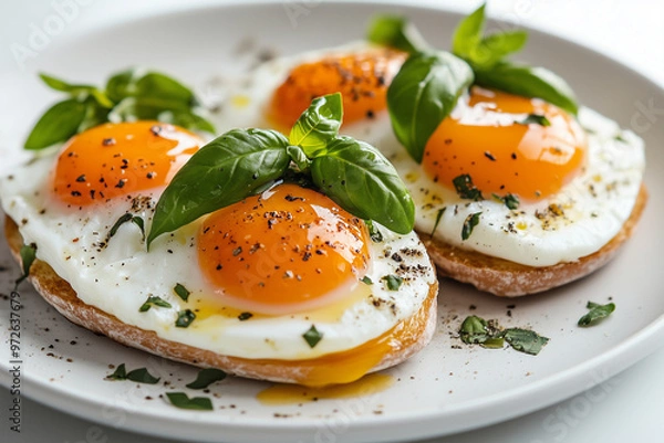 Fototapeta Delicious eggs with bright yolks and fresh basil on toasted bread against a white backdrop
