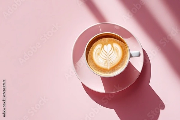 Fototapeta Cup of coffee with heart-shaped latte art on pink surface