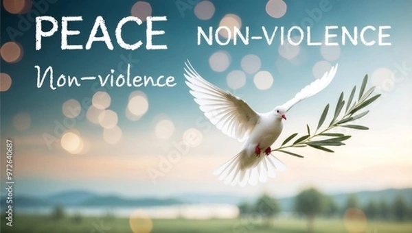 Fototapeta White Dove Flying Over a Tranquil Landscape for International Day of Non-Violence