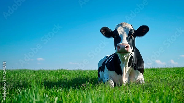 Obraz Close-Up of a Black and White Milk Cow Laying on a Grass Field on a Sunny Day with Clear Blue Summer Sky in the Background