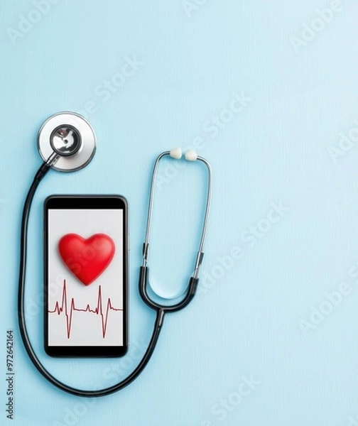 Fototapeta A smartphone displaying a heart symbol and a stethoscope, representing health technology and telemedicine concepts.