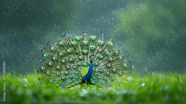 Obraz A majestic peacock displays its vibrant plumage in a mesmerizing dance, as raindrops fall around it