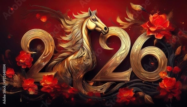 Fototapeta Chinese Year of the Horse 2026, Fire Horse, Happy New Chinese Year, Golden Horse with Red Flowers