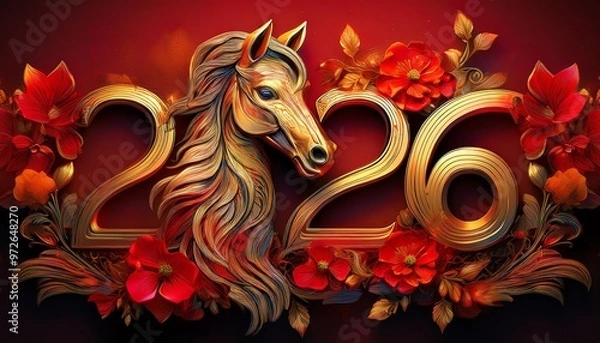 Obraz Chinese Year of the Horse 2026, Fire Horse, Happy New Chinese Year, Golden Horse with Red Flowers