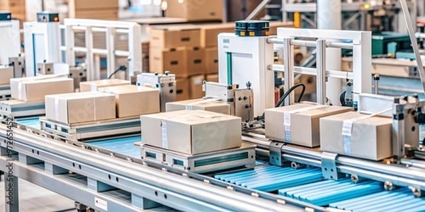 Fototapeta Automated Packaging Line in Modern Warehouse. A high-tech automated packaging line showcasing neatly stacked cardboard boxes on a conveyor system, designed for efficient sorting. 