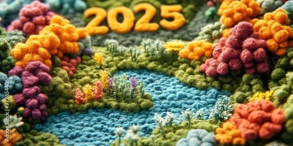 Fototapeta  A woolen felt number "2025", featuring miniature landscapes, spring landscapes