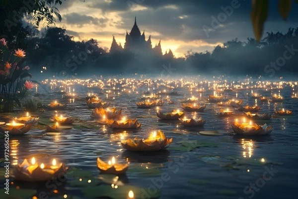 Fototapeta A riverside scene during Loi Krathong, with hundreds of floating krathongs