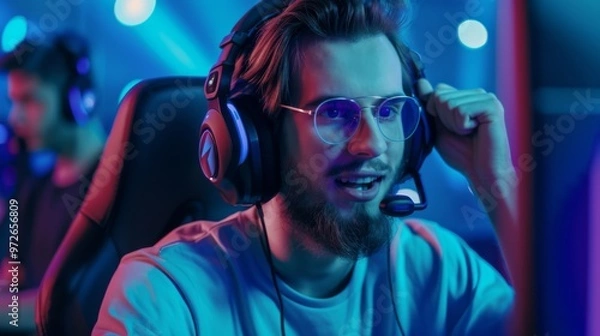 Fototapeta Enthusiastic gamer celebrating a victory during an intense gaming session in a vibrant esports arena filled with blue lighting