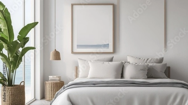 Fototapeta Beachthemed bedroom, frame mockup with ocean view, light and airy linens, 3D illustration