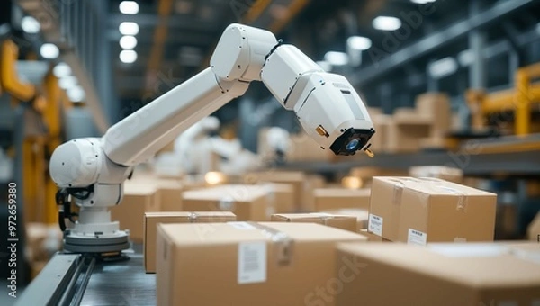 Fototapeta Revolutionizing Logistics: An Automated Robot Efficiently Sorting Boxes in a High-Tech Warehouse, Showcasing the Future of Delivery and Supply Chain Innovation for All