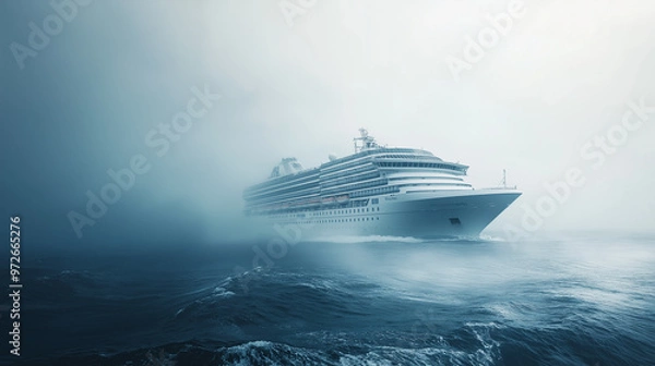 Obraz A large cruise ship is sailing in the cold of the vast ocean. There are waves and cold air from the water surface. The sky is covered with light fog
