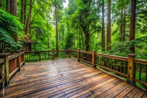 Fototapeta Rustic wooden deck surrounded by lush greenery and tall trees, with weathered railing and worn wooden planks, evoking