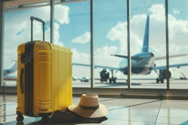 Fototapeta Bright Yellow Suitcase and Straw Hat at Airport With Airplane in Background on Sunny Day