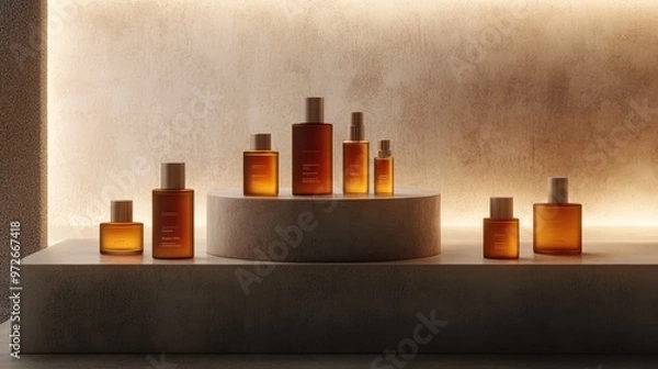 Fototapeta A minimalist display of glass skincare bottles in a gradient of brown to orange on a smooth concrete plinth, with soft lighting that enhances their luxury.