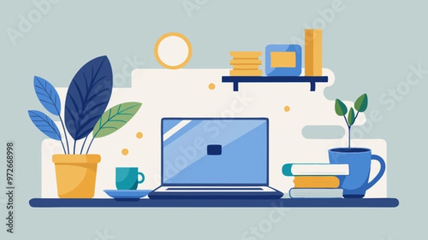 Fototapeta Creative space with laptop, books and plants, inspiring productive work