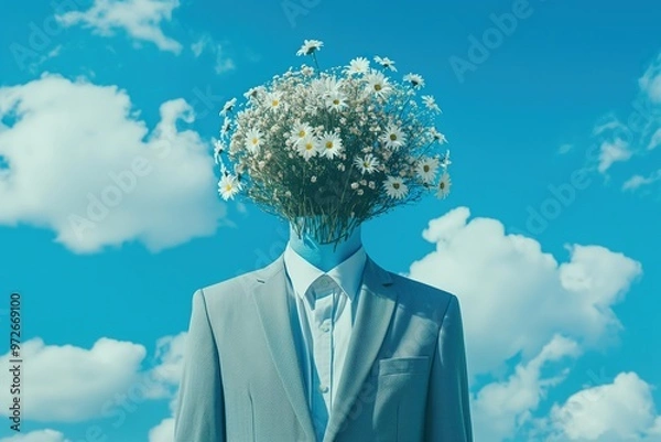 Obraz A man in a suit stands against a bright blue sky filled with fluffy clouds, with a bouquet of flowers replacing his head