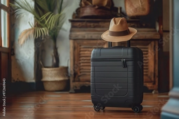 Fototapeta A traveler arrives at a cozy hotel lobby with a stylish suitcase and a hat resting on top, ready for a new adventure