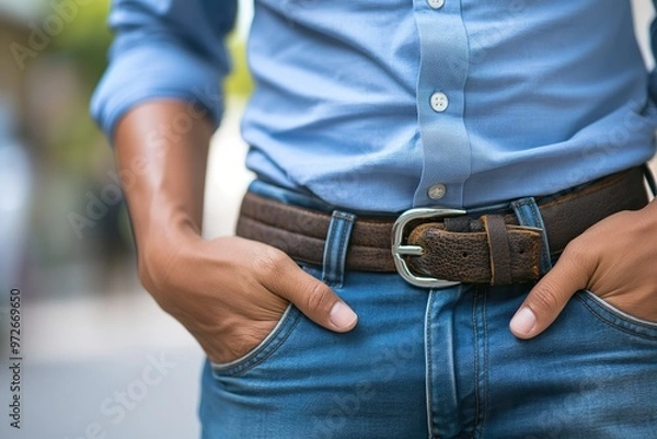 Obraz A close-up of a person with their hands in their pockets, wearing a button-up shirt and denim jeans, outdoors on a sunny day