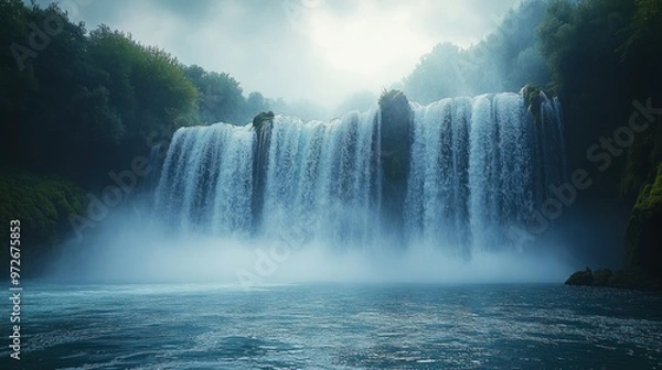 Obraz A majestic waterfall surrounded by lush greenery and mist.
