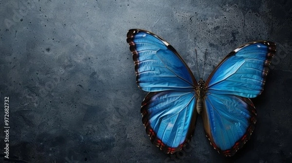 Fototapeta Close-up of a blue morpho butterfly on a dark background.