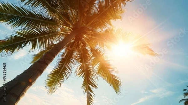 Fototapeta Palm tree silhouetted against a bright summer sky.