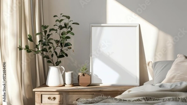 Fototapeta Minimalist bedroom with white frame mockup and sunlight