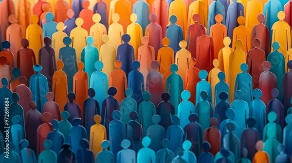 Fototapeta This image features a lively assembly of colorful paper human figures set against a gradient background, symbolizing unity and diversity with vibrant hues from blue to orange.