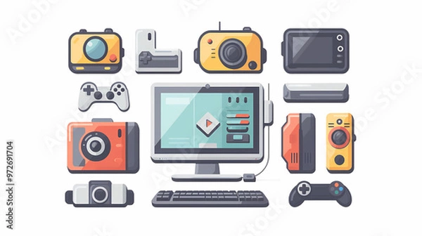 Fototapeta A simple vector icon illustration depicting the group of  tech gadget items at center for a website isolated white background
