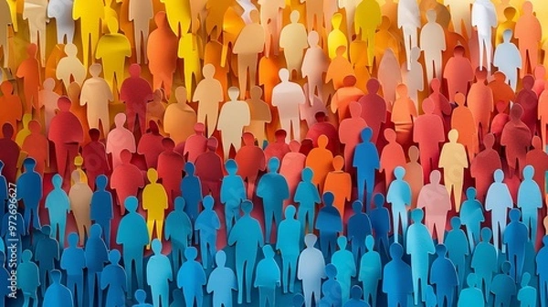 Fototapeta An array of vibrant and colorful human silhouettes representing diversity and unity, placed on a gradient background transitioning from warm to cool hues in an abstract design.