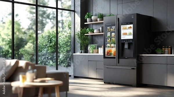 Fototapeta  High-tech refrigerator with touchscreen interface in sleek modern kitchen. Surrounded by natural light, plants, and a cozy seating area, blending tech with comfort.