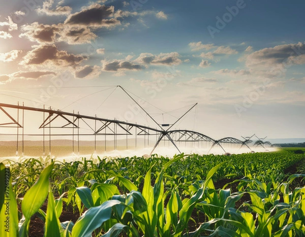Fototapeta In the corn field, the agricultural irrigation system is at work. Generated with AI
