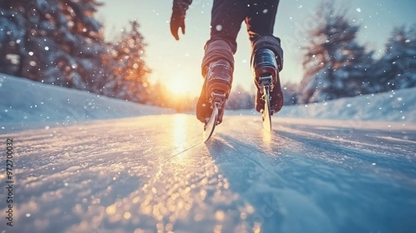 Fototapeta Speed skater gliding across a frozen outdoor track, with the snowy landscape and bright winter sun creating a dynamic scene. 4K hyperrealistic photo.