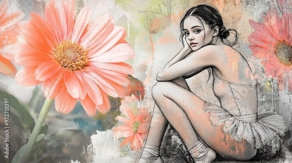 Fototapeta Composite trend artwork sketch image photo collage of spring season outdoor nature young lady ballerina rest hole appear flower gerbera