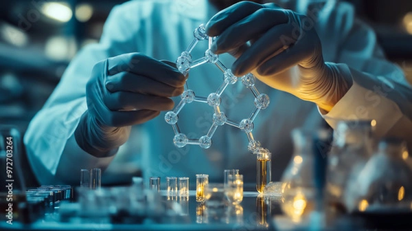 Fototapeta Scientist assembling molecular structure in laboratory using glass atoms for nanotechnology research and innovation in chemistry and advanced materials science with precision