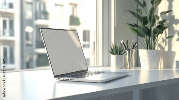 Fototapeta A silver laptop on a clean, white desk, with reflections of natural light from a nearby window