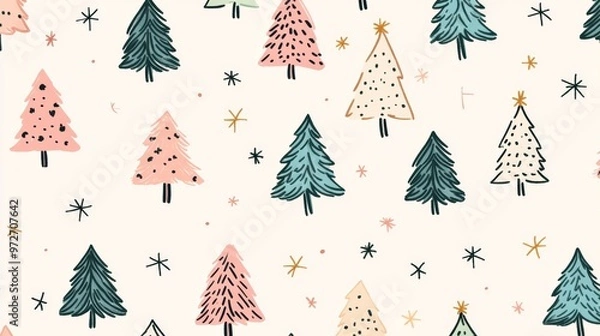Obraz Cute Christmas Tree Doodle Pattern with Simple Festive Snowflake and Star Motifs