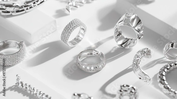 Fototapeta Silver earrings and bracelets arranged on a white background, emphasizing their shiny, reflective surfaces