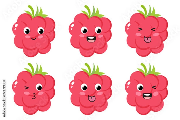 Obraz Cute raspberry in flat style. Set of raspberries with different emotions. Funny emoticon in flat style with kawaii eyes on a white background.