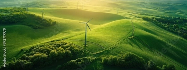 Fototapeta windmills in a green field, aerial view. copy space. green ecology landscape background