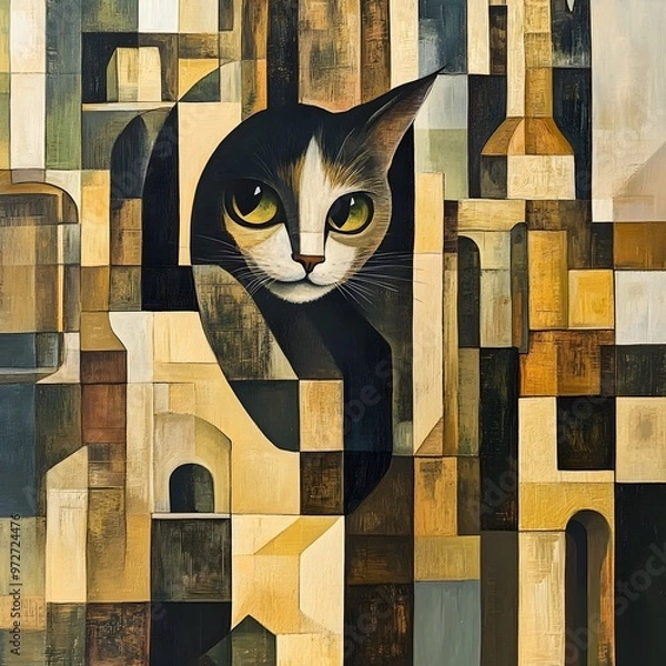 Obraz Curious Cat Peeking Through Cubist Inspired Surreal Architecture