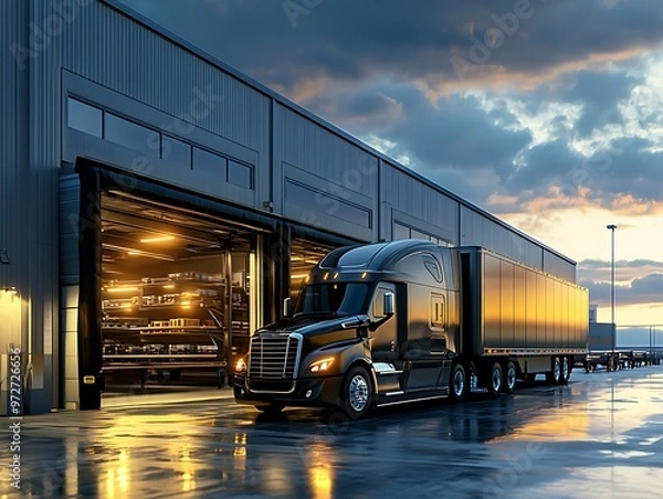 Fototapeta A black semi-truck parked outside a warehouse loading dock at sunset under dramatic clouds