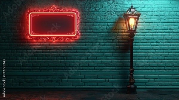 Fototapeta This image showcases a neon sign 'Patrickâ€™s Day' on a green brick wall with an ornate lantern. The setup creates a lively and inviting festive ambiance.