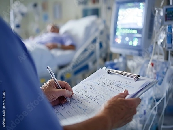 Obraz Medical professional documenting patient information in a hospital room with monitoring equipment during evening hours