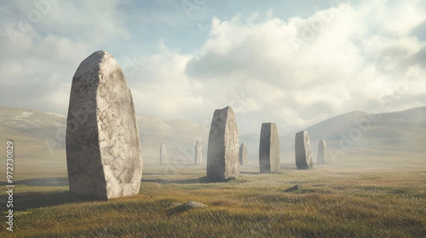 Obraz An ancient stone circle monument set in a wide, open landscape, with rugged terrain and cloudy skies adding to the mystical atmosphere. photo
