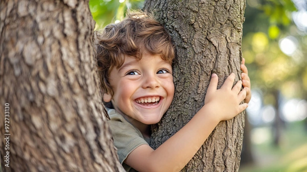 Obraz Joyful young boy embraces a tree in a sunny park, exuding happiness and playfulness in nature