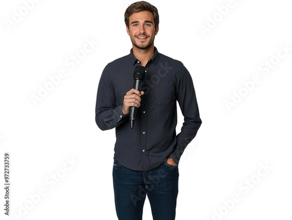 Fototapeta Confident young man holding a microphone, ready to engage an audience. Ideal for public speaking, hosting, or interview themes.