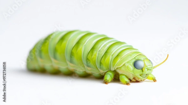 Fototapeta A close-up of a bright green caterpillar with segmented body and small antennae, shown against a plain white background.