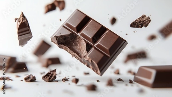 Obraz Chocolate bar pieces falling, isolated on a white background. 