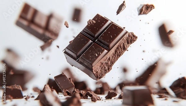 Obraz  Chocolate bar pieces falling, isolated on a white background. 