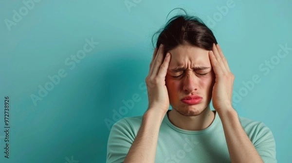 Fototapeta woman have a headache on color background, right copy space 